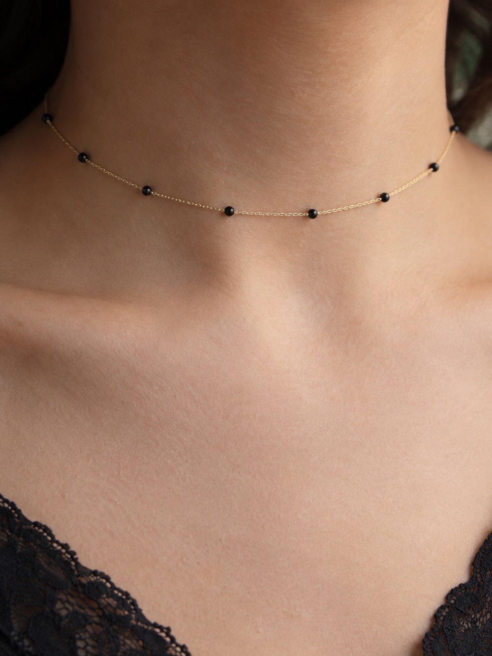 Dainty 14k Solid Gold Onyx Choker Necklace